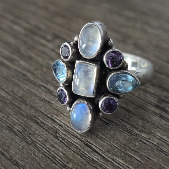 Nicky Butler 925 Sterling Silver Moonstone Blue Topaz Amethyst Ring Sz 7 Vintage - Picture 8 of 16